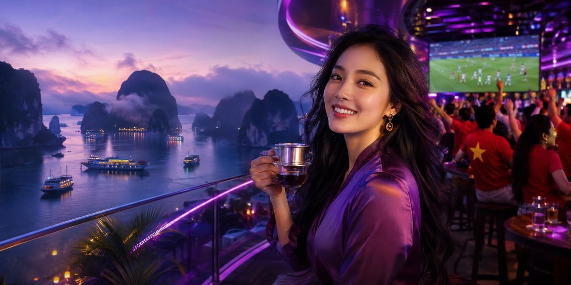 Người dùng cầm cà phê xem kèo thể thao trực tuyến với vịnh Hạ Long phía sau
