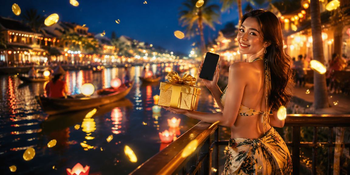 Người dùng trải nghiệm casino di động tại lễ hội đèn lồng Hội An với giao diện bảo mật hiện đại